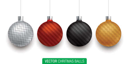 Hanging Christmas tree balls in silver, red, black, and golden colors isolated on a white background. Set of vector jingle balls with different patterns, for Xmas greeting card design decoration.のイラスト素材