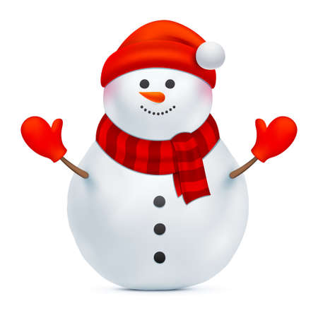 Smiling snowman vector illustration. Santa Claus with red hat and gloves isolated on a white background. Christmas, Happy New Year, or winter holiday design decoration. Funny Xmas character.のイラスト素材