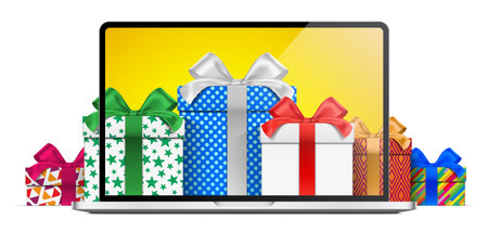 Online shopping concept, with a laptop, and gift boxes, covered with colorful wrapping papers. Vector illustration for holiday shopping design decoration, isolated on the white background.のイラスト素材