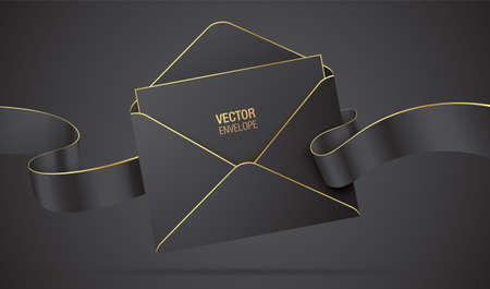 Vector envelope mockup. Black elegant envelope with golden details, waving ribbon, and a letter. Realistic envelope with celebration, greeting, or invitation card inside, isolated on a dark backgroundのイラスト素材