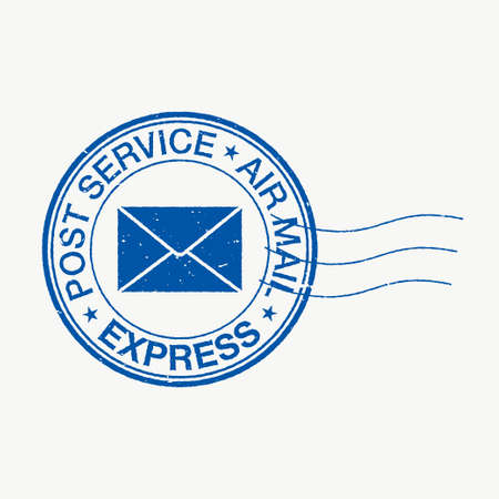 Distressed postal stamp vector illustration. Round shape blue postage stamp, with Post Service, Air Mail, and Express text.のイラスト素材