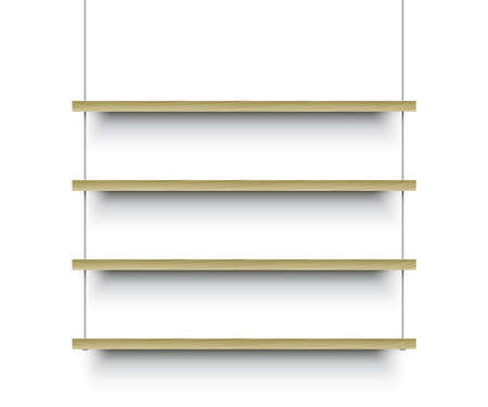 Four wooden shelves hanging on a metal wire on white wall background. Minimalist shelves vector illustration.のイラスト素材