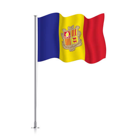 Andora flag waving on a metallic pole. The official flag of Andora, isolated on a white background.のイラスト素材