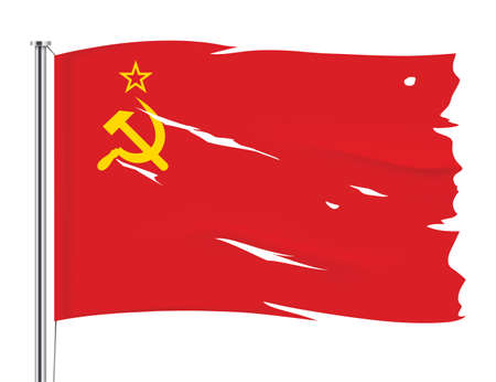 Soviet Union torn flag waving on a metallic pole. USSR vector flag isolated on background.のイラスト素材