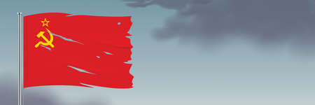 Soviet Union worn flag waving on a dark sky background. USSR flag horizontal banner with copy space.のイラスト素材