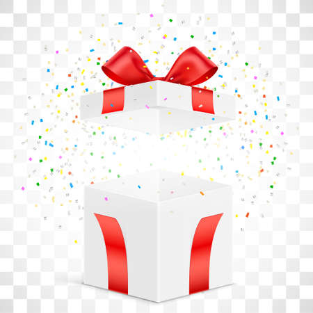 White gift box with exploded colorful confetti, isolated on background. Vector giftbox mockup.のイラスト素材