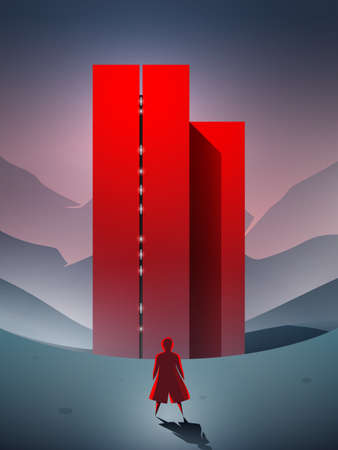 Science fiction vector scene, girl arriving at the futuristic red building standing in a surreal landscape.のイラスト素材