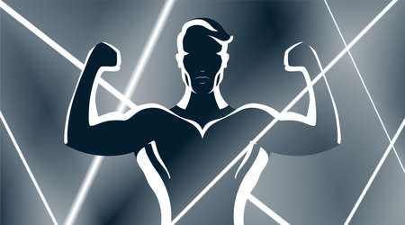 Strong, handsome man posing with arms up on neon lights energetic background. Nice looking male, fashion style torso body portrait, silhouette vector illustration.のイラスト素材