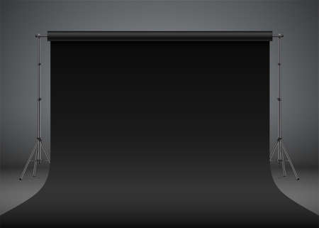 Black photo studio backdrop, realistic vector illustration. Black premium style photo shooting setup standing on a dark grey background.のイラスト素材