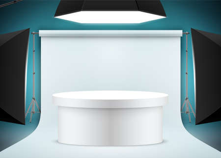 Professional product photo shooting scene with white oval table, backdrop paper, and bright studio lights. Photo studio setup realistic vector illustration.のイラスト素材