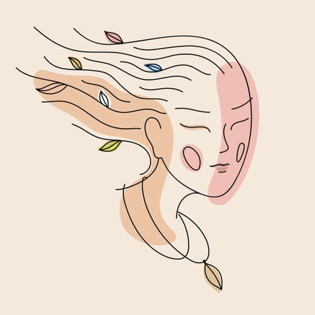 Woman face feminine line art portrait. Young girl with colourful leaves in her hair and on necklace. Beautiful girl profile with eyes closed, vector illustration.のイラスト素材