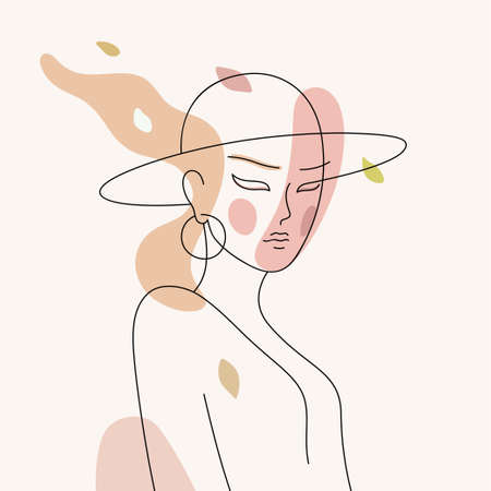 Elegant woman with hat, line art portrait. Young beautiful girl abstract linear style vector illustration.のイラスト素材