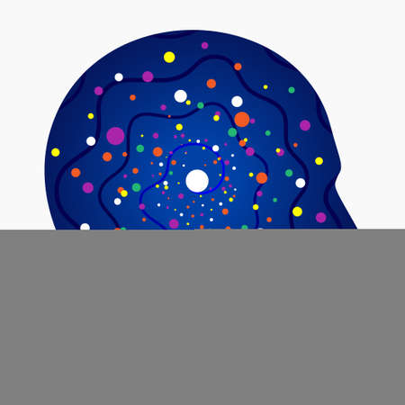 Neural network colorful synapses in the human head. Abstract scientific vector illustration of the person, related to brain biology, psychology, and imagination.のイラスト素材
