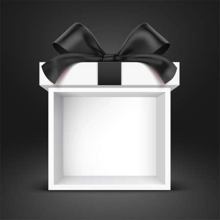 White booth gift box, wrapped with a black satin bow, standing on a black gradient background. Open giftbox vector illustration.のイラスト素材