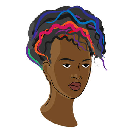 Portrait of a black woman, with colorful curly hair. African American girl face, vector illustration.のイラスト素材