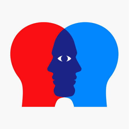 Two overlapping man faces, looking through each other with one shared eye. Psychological concept vector illustration.のイラスト素材