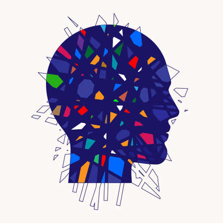 Colorful broken tiles, chaotically scattered in the human head. Mental health awareness, or psychological illness conceptual vector illustration.のイラスト素材