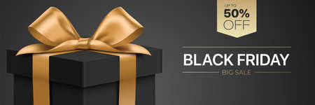 Black Friday discount card vector design, with luxury style black gift box wrapped with golden ribbon.のイラスト素材