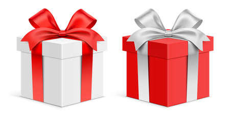 Vector set of white and red gift boxes with ribbons. Realistic 3D giftbox, isolated on background.のイラスト素材