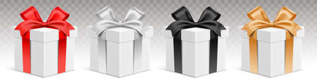 Vector set of white gift boxes with different color ribbons. Realistic 3D giftbox, isolated on transparent background.のイラスト素材