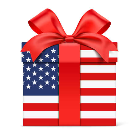 Gift box with USA flag wrapping, isolated on white background. Patriotic present with US flag print, vector illustration.のイラスト素材