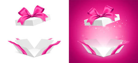Feminine style unfolded gift box, with a pink ribbon, and shining glitter light, isolated on white and pink background. Girly present box vector set.のイラスト素材