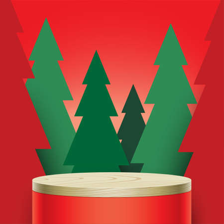 Red cylinder stage with wooden cover, standing on green forest background. Winter holidays vector background with Christmas trees and round pedestal, with empty space.のイラスト素材