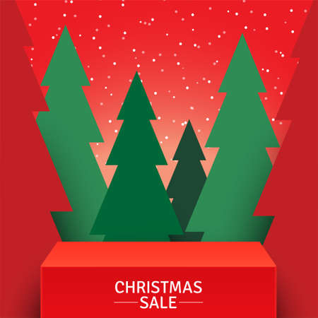 Red stage standing on green forest background. Winter holidays promotional vector background with Christmas trees and square pedestal, with empty space.のイラスト素材