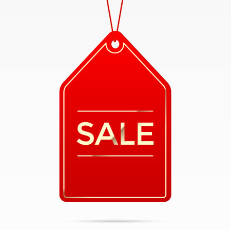 Red sale tag with golden details, isolated on white background. Price discount badge vector template.のイラスト素材