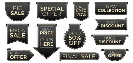 Vector set of different shape black sale tags, isolated on white backgroundのイラスト素材