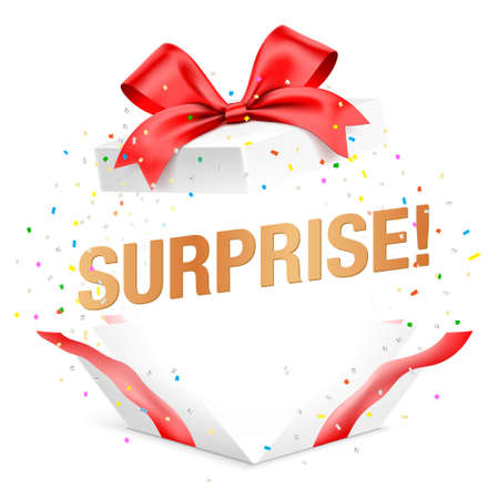 Exploded white gift box with red ribbon, surprise text, and colorful confetti isolated on background. Festive giftbox vector illustration.のイラスト素材