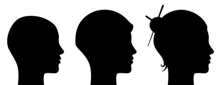 Young woman head black silhouette, with a different hairstyle. Vector set of female haircut styles, shaved, bob, and with hair sticks.のイラスト素材