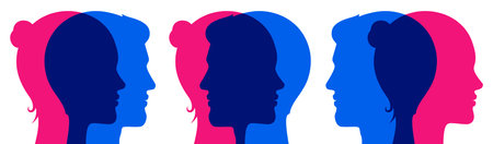 Vector set of overlapping man and woman heads, looking at the same and different directions. Sexual...