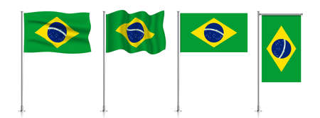 Vector set of Brazil flags on a metallic pole, isolated on a white background.のイラスト素材
