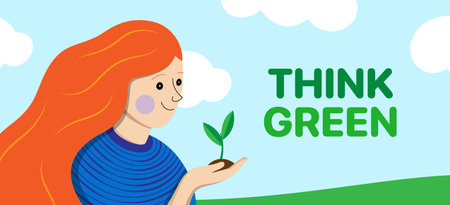 Young ginger girl holding a seedling in her hands. Planting, ecology, environment protection concept vector illustration.のイラスト素材