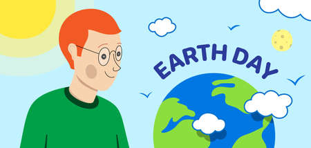 Happy red hair man looking on planet Earth. Earth Day vector banner design.