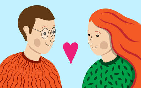 Romantic couple cartoon vector illustration. Smiling man and woman looking at each other.のイラスト素材