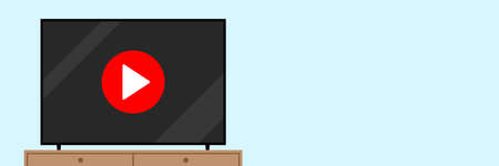 TV with a red play button on a screen, standing on a cabinet on light blue wall background. Television horizontal vector banner with copy space.のイラスト素材