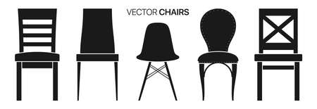 Vector set of different style black chair icons, isolated on white background.のイラスト素材