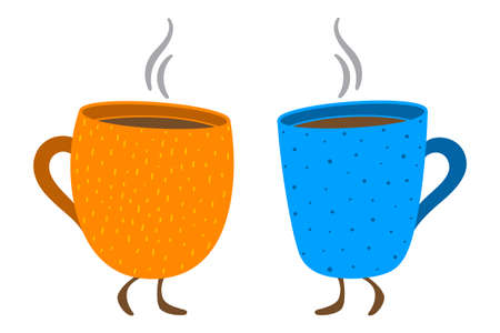 Two orange and blue mugs walking with legs and filled with hot coffee or tea, cartoon character funny vector illustration.のイラスト素材
