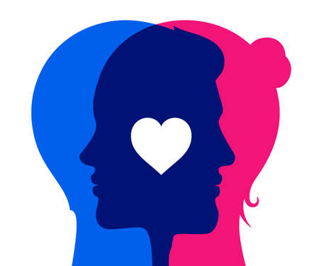 Couple in love emotional connection, concept vector illustration. Man and woman lover heads with heart icon overlapping each other, isolated on white background.のイラスト素材