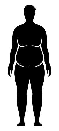 Fat man black vector silhouette. Overweight male body isolated on background.のイラスト素材