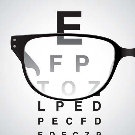 Looking through black glasses at an eye test chart, realistic vector illustration.のイラスト素材