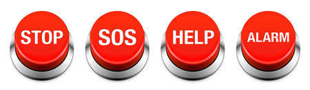 Red buzzer button vector set. Stop, SOS, Help, and Alarm realistic buttons isolated on white background.のイラスト素材
