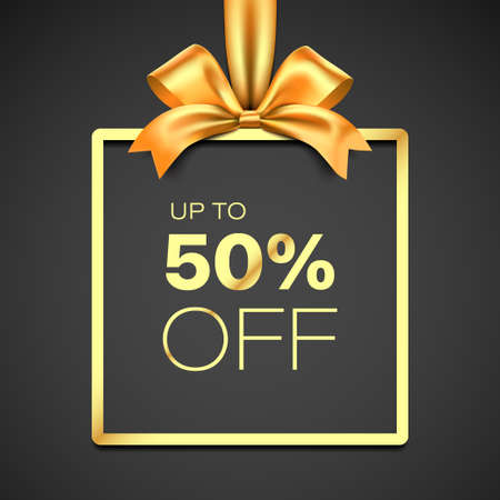 Luxury style 50 percent discount gift card vector design. Premium golden giftbox frame with satin ribbon, on black background.のイラスト素材