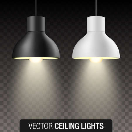 Vector set of black and white turned on pendant ceiling light shades, isolated on transparent background.のイラスト素材