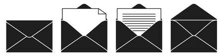 Black envelope icon vector set. Mail, e-mail, letter, or document icons isolated on a white background.のイラスト素材