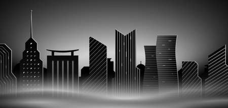 Black and white foggy night city skyline with skyscrapers, panoramic dark vector background.のイラスト素材