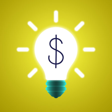 Business, financial creative idea concept vector banner. Shining light bulb with a dollar sign on a yellow background.のイラスト素材