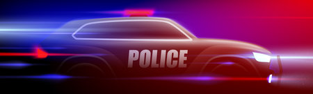 Police SUV car riding on a high speed on a dark background with colorful flashes. Cop chase vector illustration.のイラスト素材